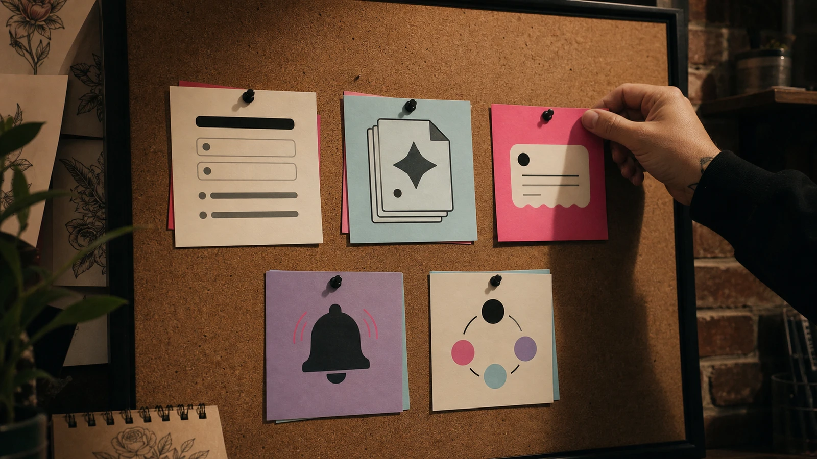 Studio feature board with abstract intake, flash, deposit, reminder, and routing tiles