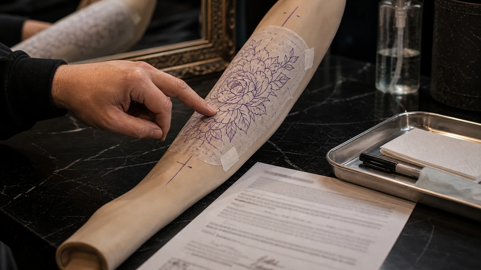Anonymous stencil placement review on a practice forearm with consent paperwork nearby