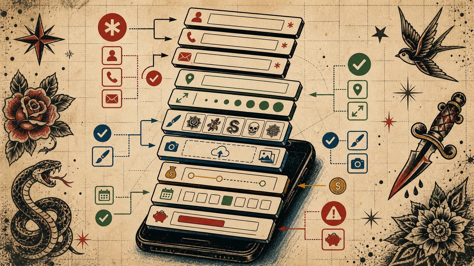 LVL2-style icon diagram showing the essential fields in a tattoo artist booking form