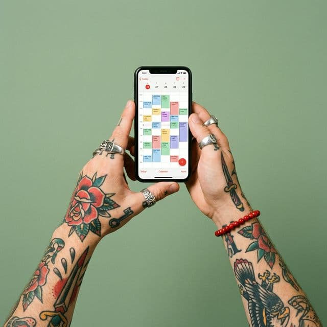 An organized tattoo artist’s desk with a calendar and sketches